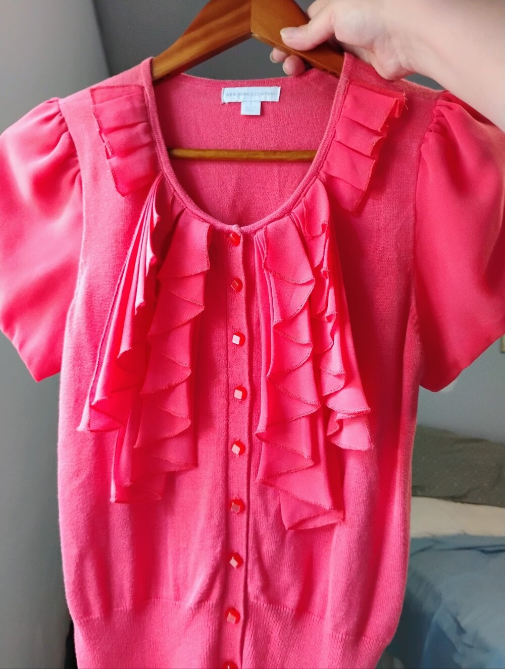 New York & Company Coral Pink Ruffle-Front Button Top